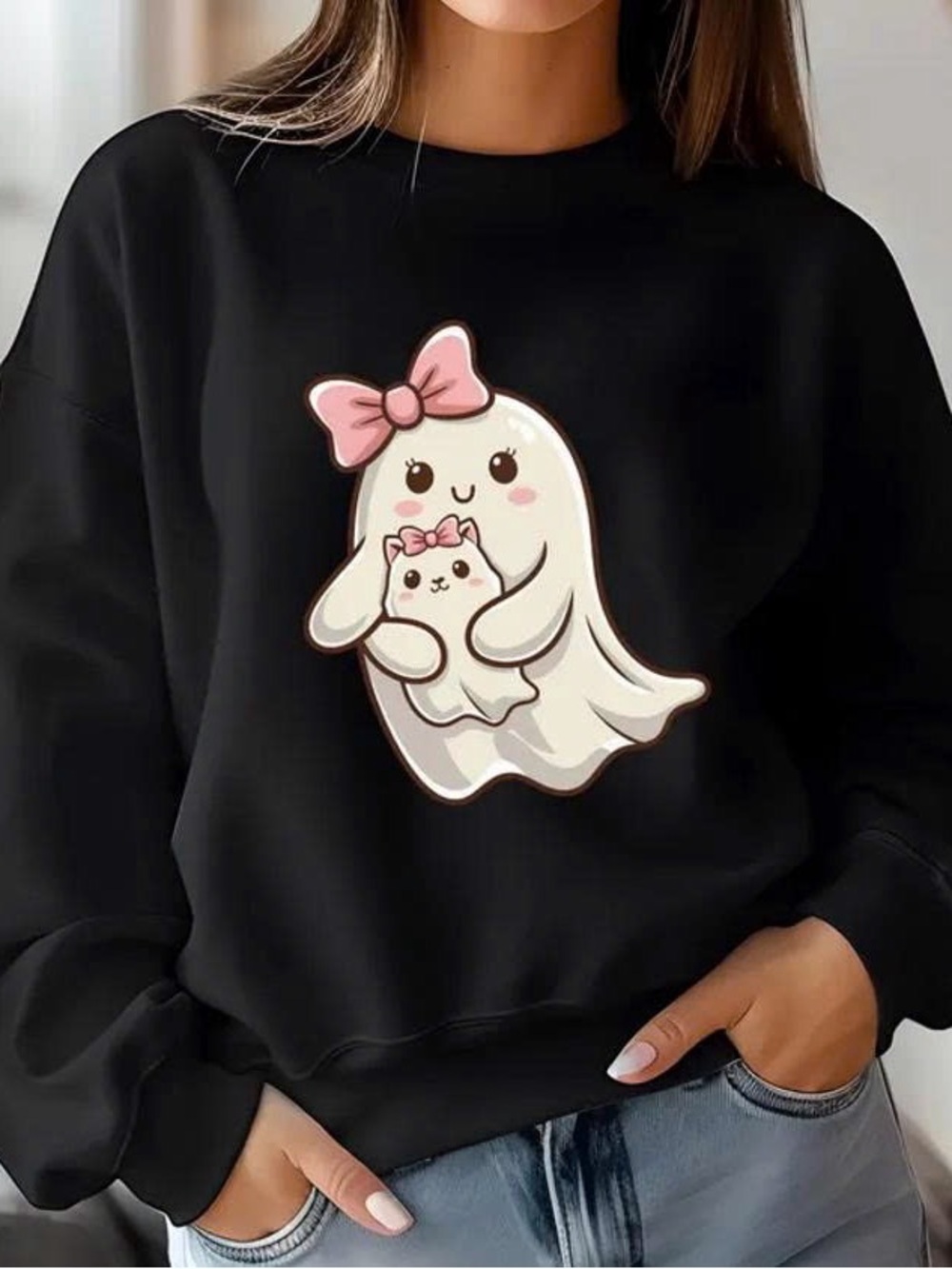 Black Crewneck Sweatshirt with Pink-Accented Ghost Graphic
